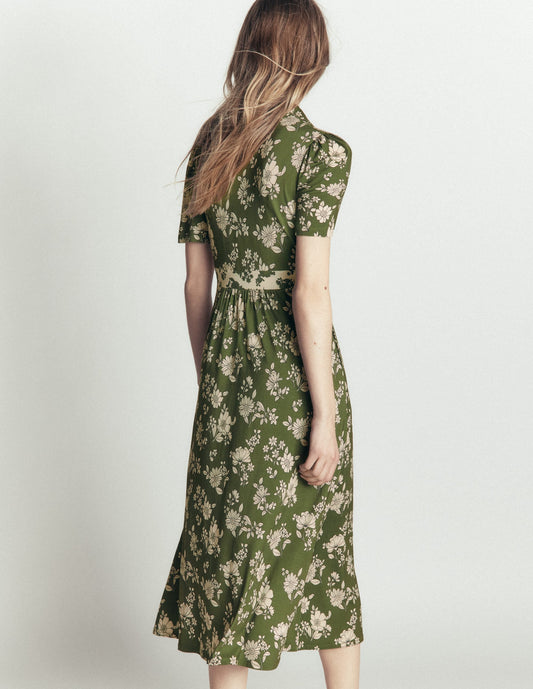 Heidi Jersey Midi Tea Dress-Olive, Floral Field Spaced