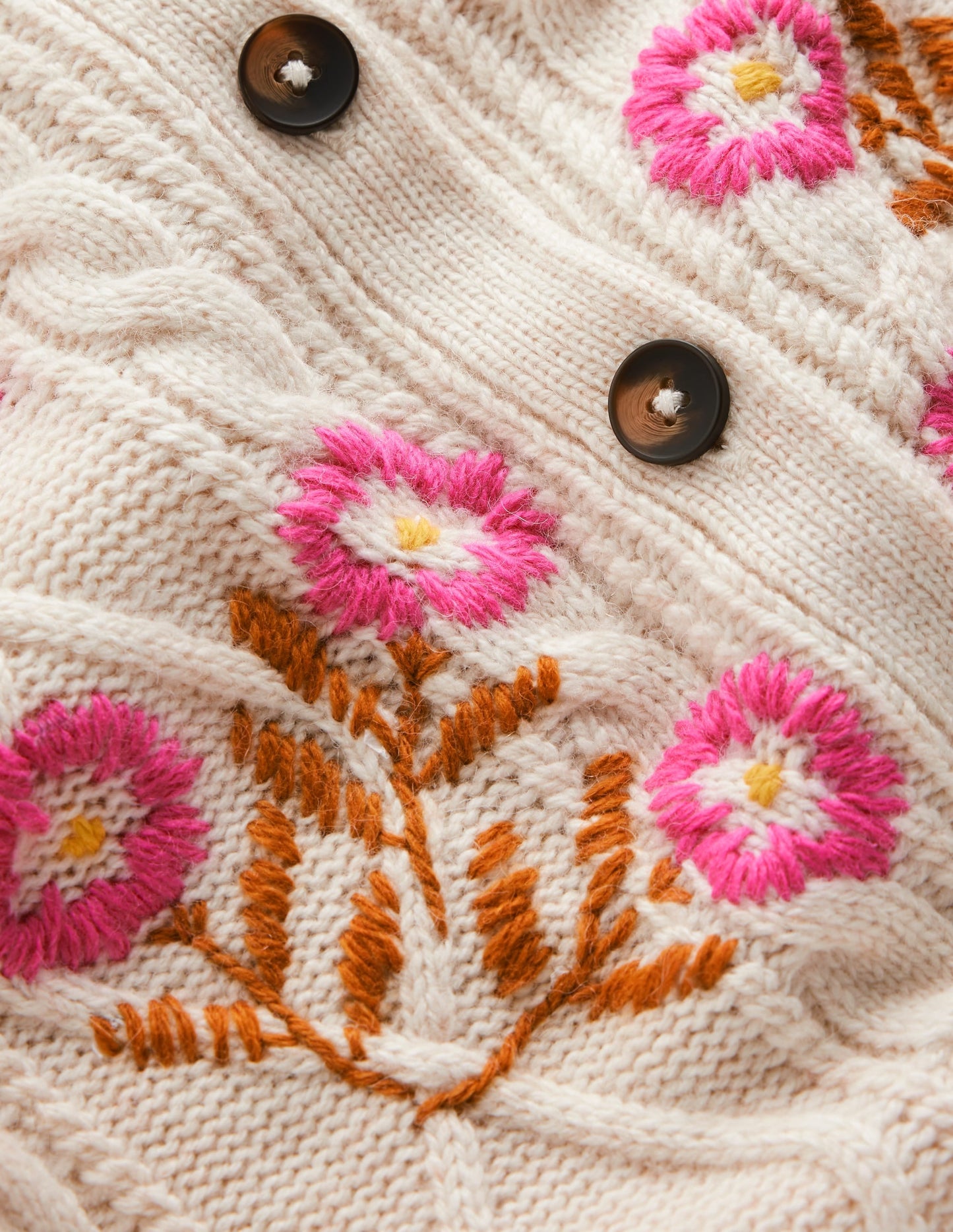 Cable Knitted Cardigan-Ecru Marl, Embroidery