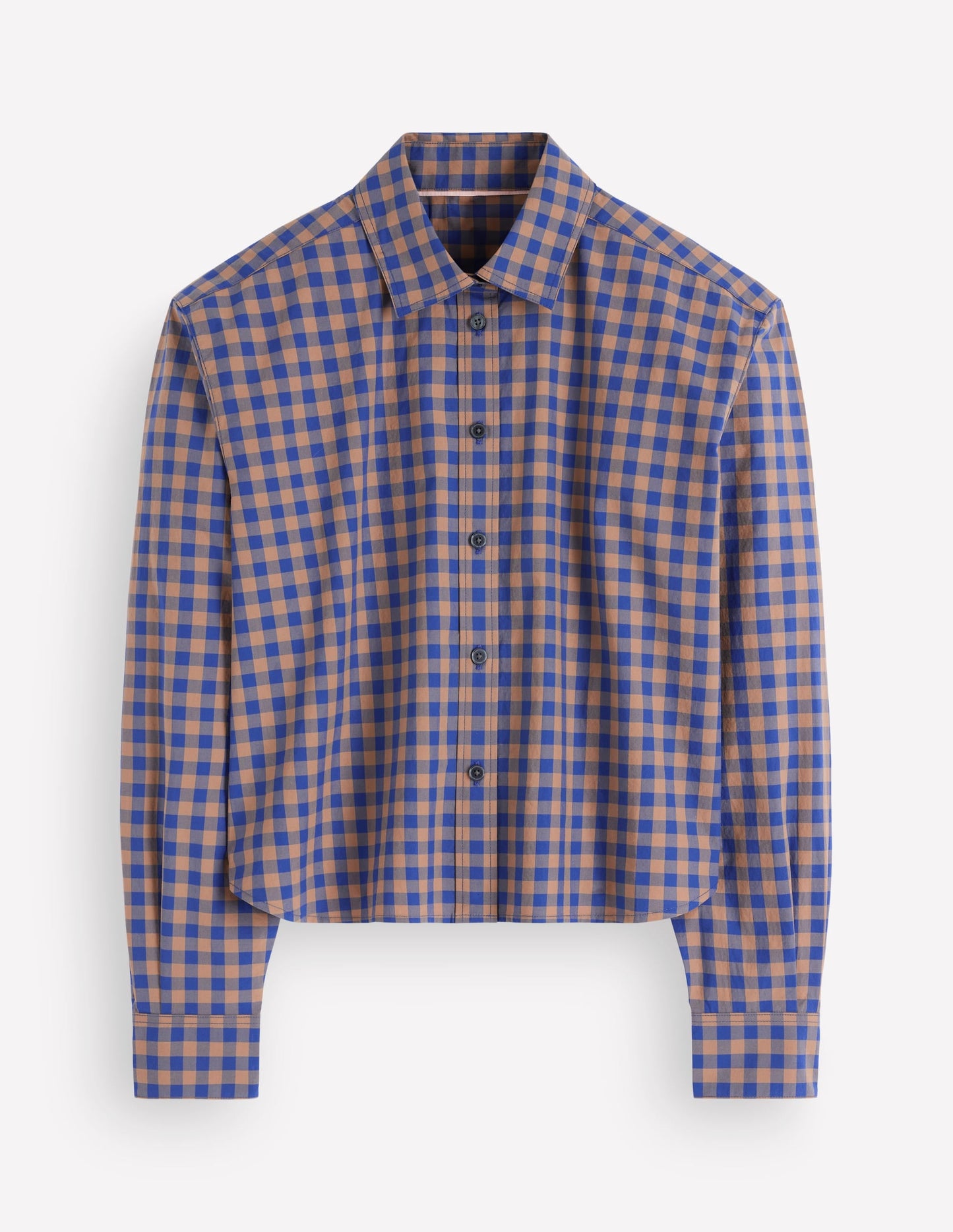 Sienna Cropped Cotton Shirt-Camel, Blue Gingham