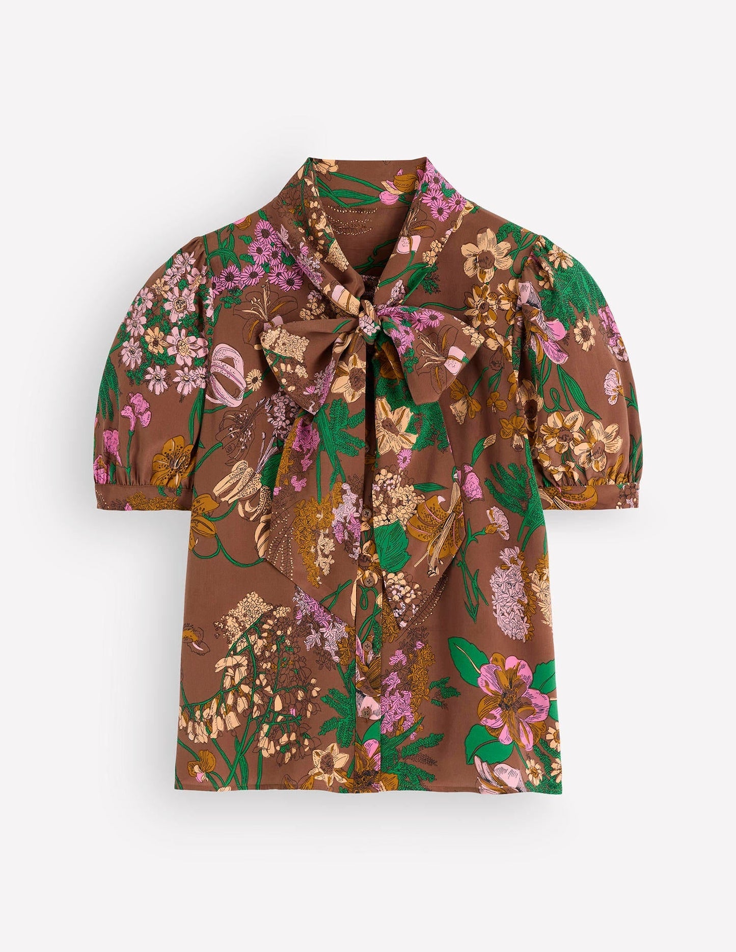 Tie Neck Silk Top-Woodland, Whimsical Flora
