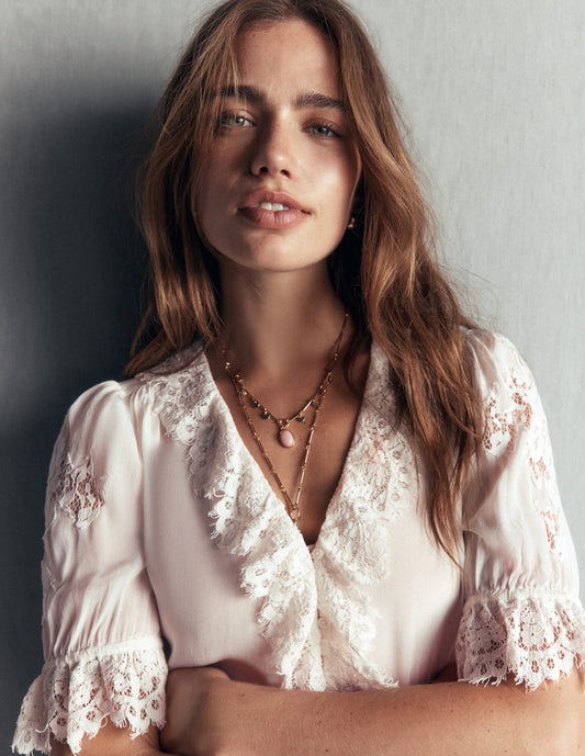Ruffle V-neck Lace Top-Ivory