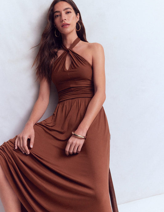 Sydney Twist Neck Jersey Dress-Bitter Chocolate