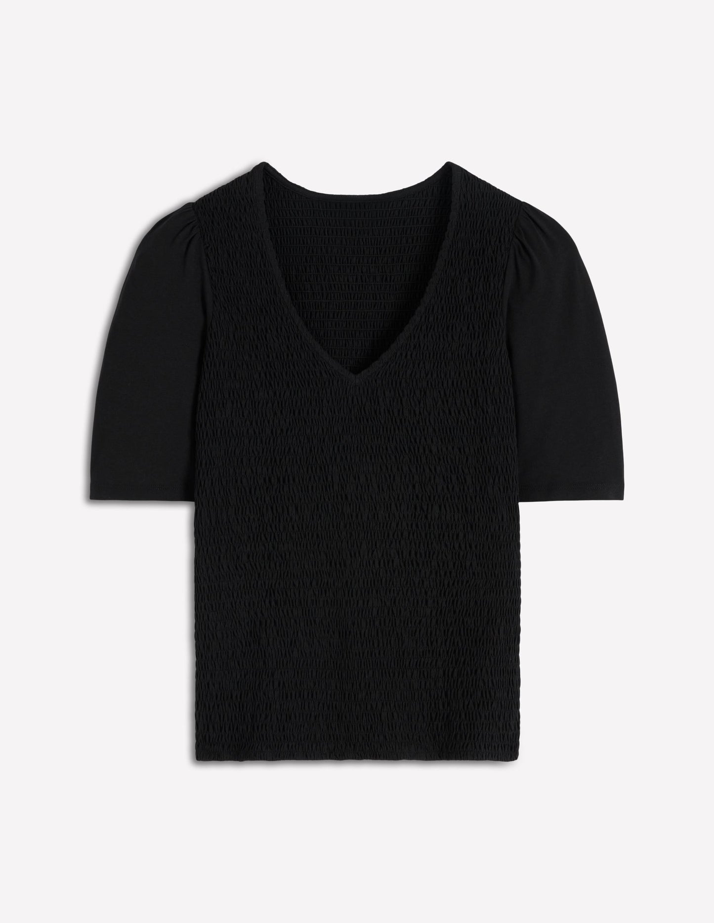Smocked V Neck Top-Black