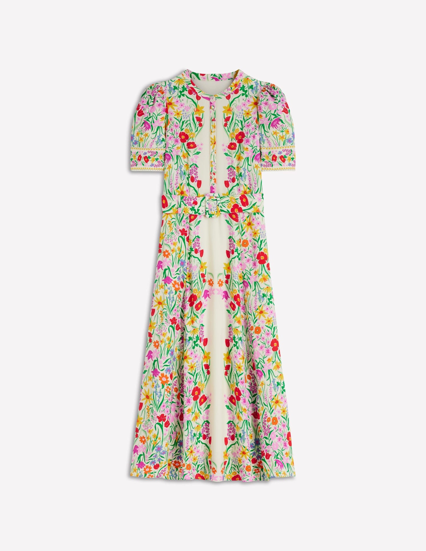 Kate Puff Sleeve Belted Dress-Ivory, Elegant Garden
