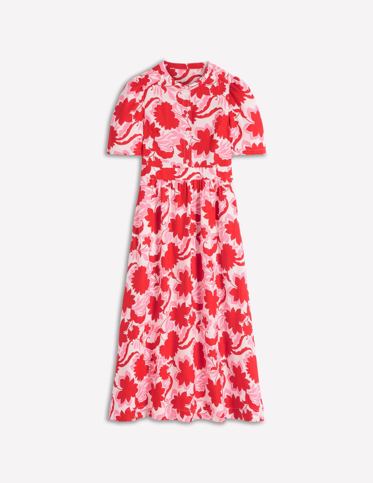 Ivy Button Linen Midi Dress-Red Shadow Blossom