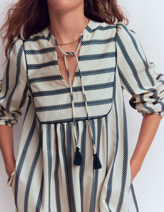Pia Cotton Yoke Dress-Blue Stripe