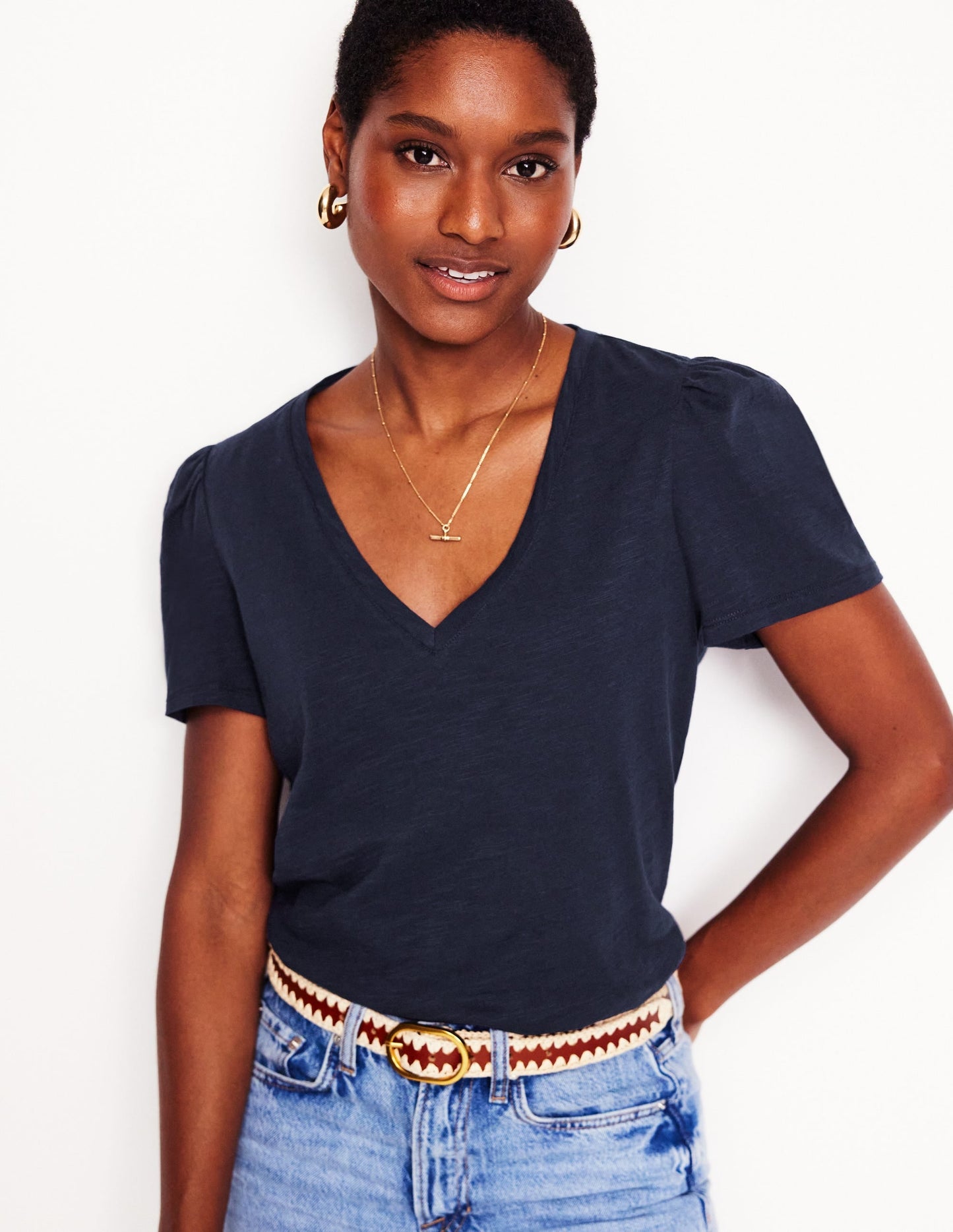 Sophie V-neck Slub T-shirt-Navy