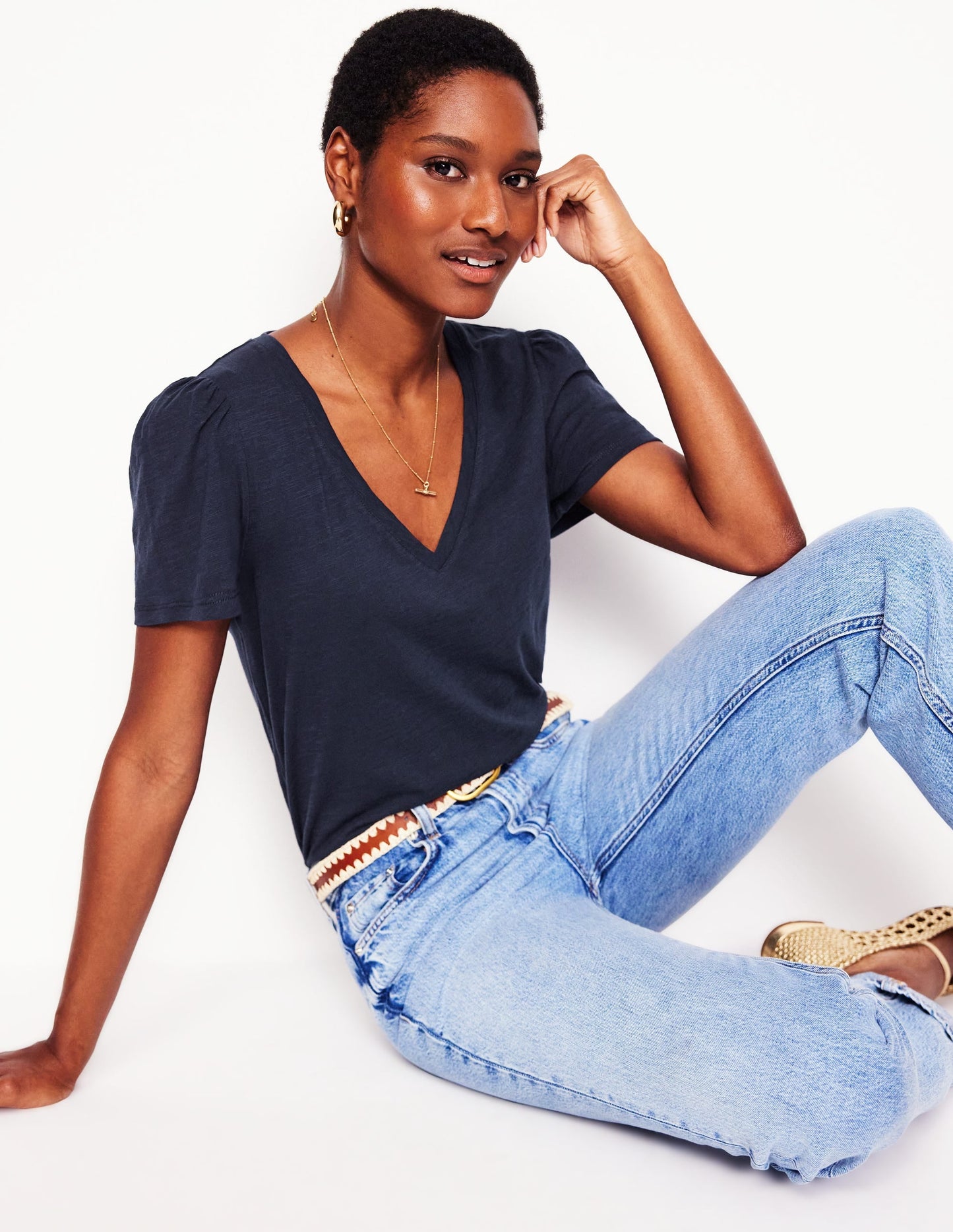 Sophie V-neck Slub T-shirt-Navy