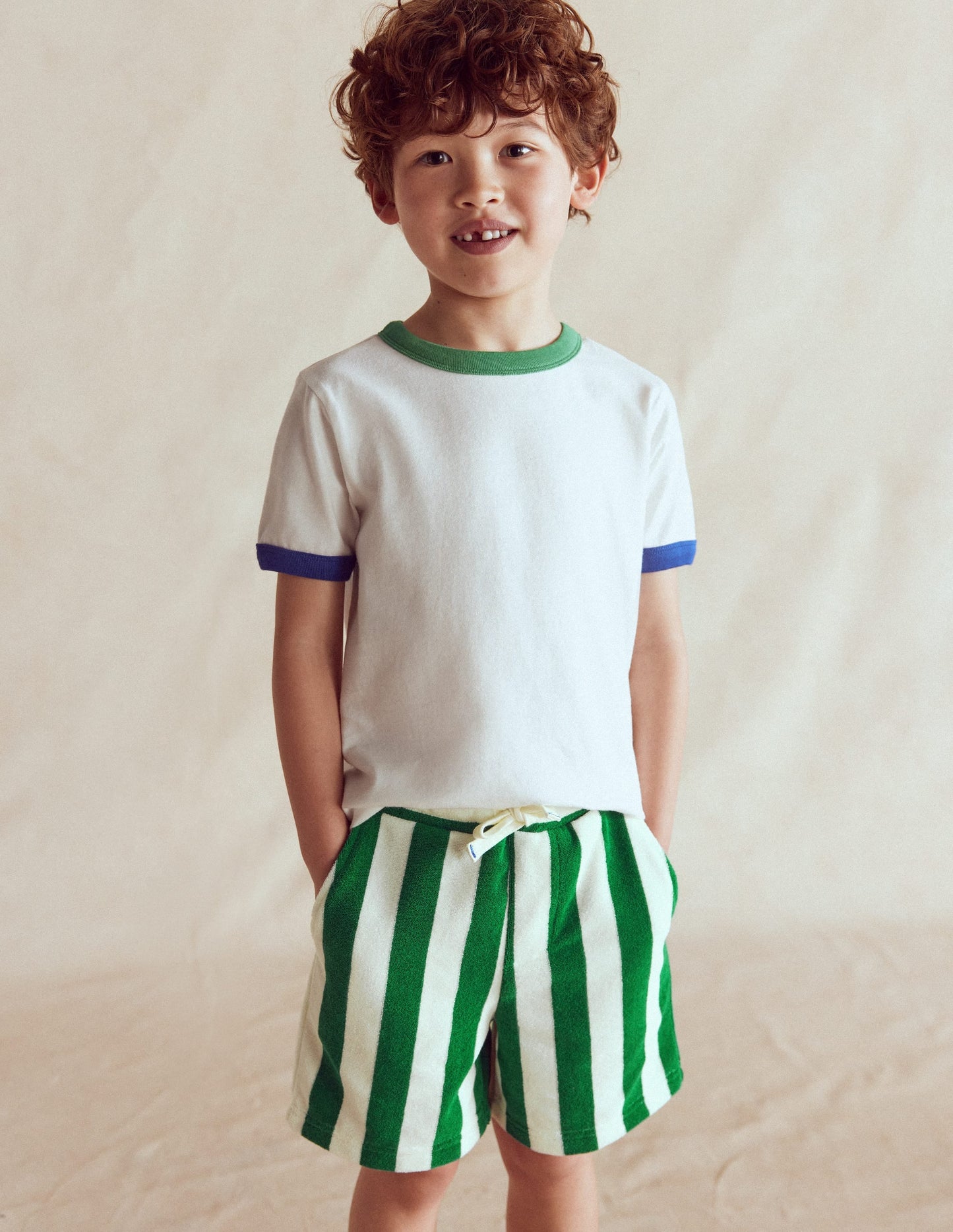 Towelling Shorts-Green and Ivory Stripe