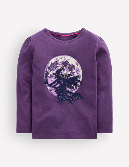 Puff Sleeve Appliqué  T-shirt-Mystic Purple Witches