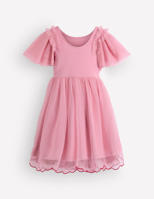 Short Sleeve Logo Tulle Dress-Pink Cherry Applique