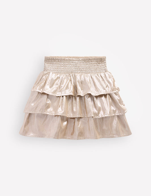 Smocked Waist Ruffle Skirt-Gold Metallic