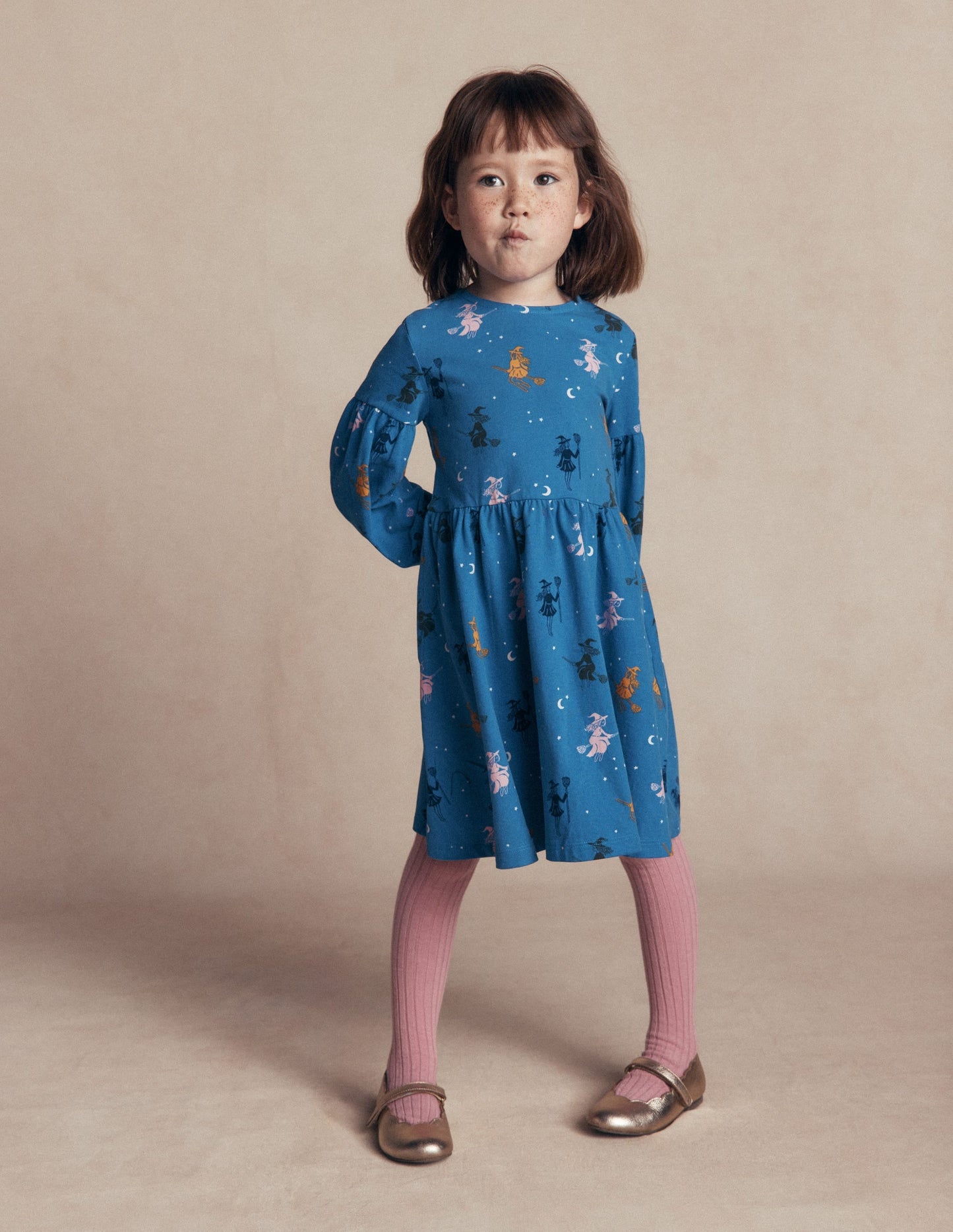 Madeline Blouson Sleeve Dress-Blue Halloween Witches