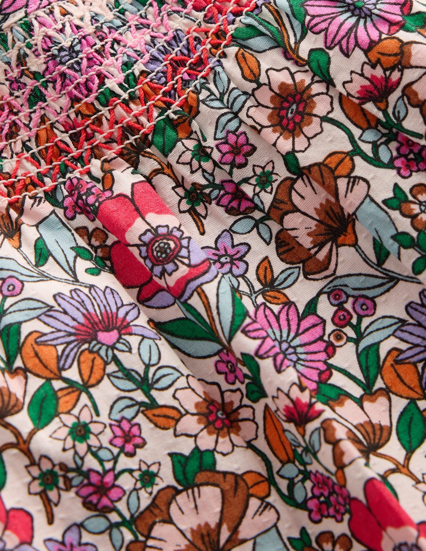 Smocked Printed Blouse-Soft Cream Floral Field