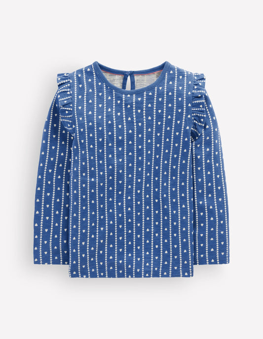 Frill Sleeve Slub Top-Blue Linear Hearts