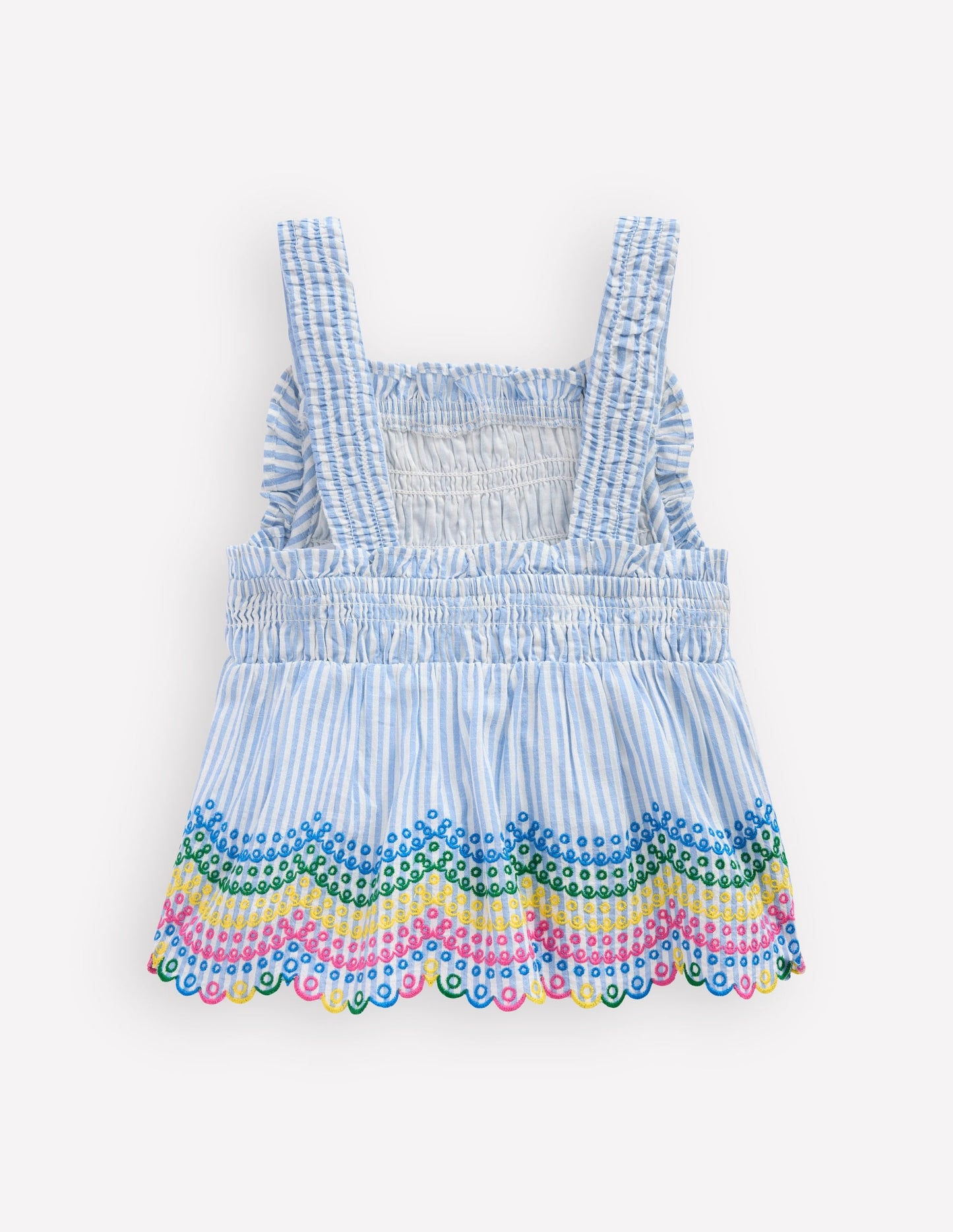 Embroidered Shirred Top-Ticking Rainbows