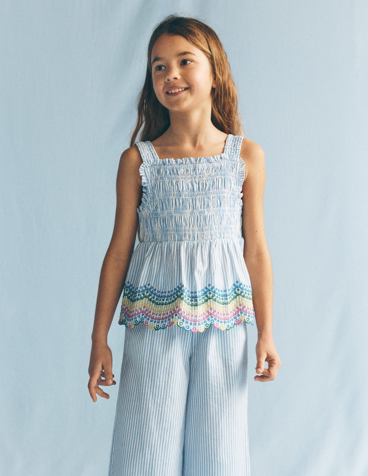 Embroidered Shirred Top-Ticking Rainbows