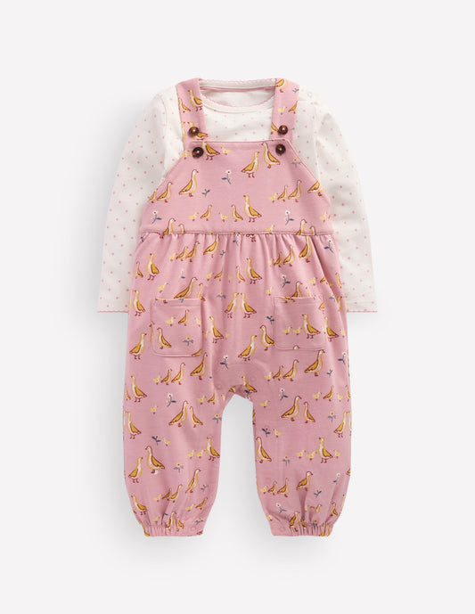 Jersey Dungarees Set-Pink Ducks
