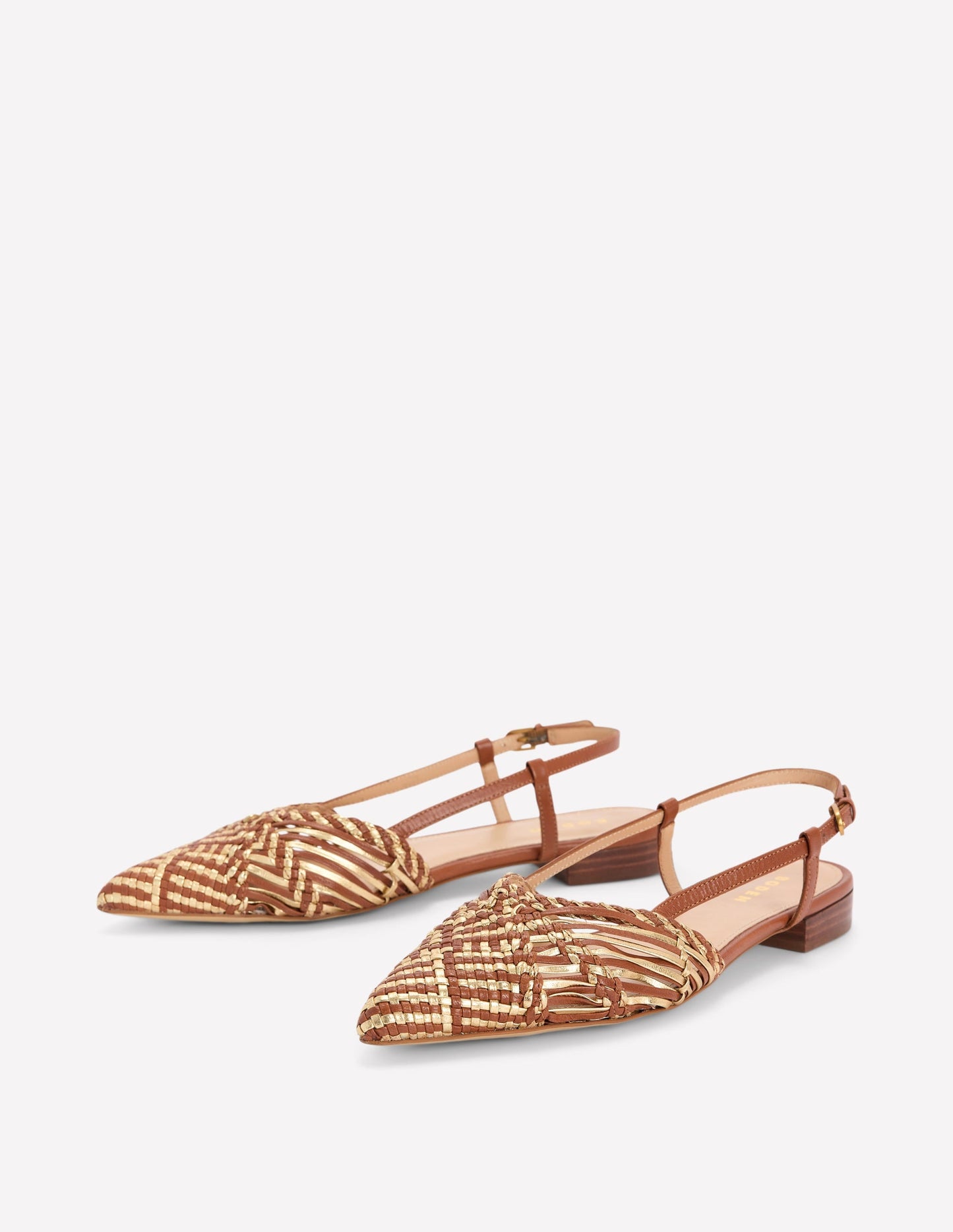 Woven Detail Pointed Flats-Tan/ Gold