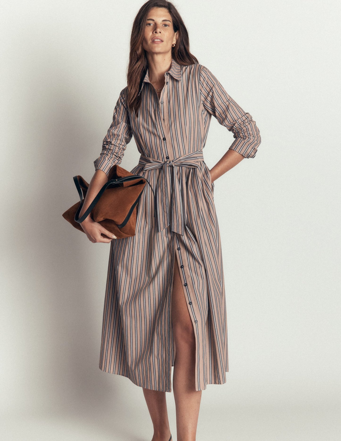Alexa Cotton Midi Shirt Dress-Camel, Navy Tram Stripe