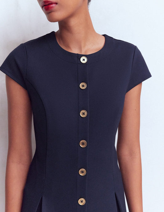 Short Pleated Ponte Dress-Navy