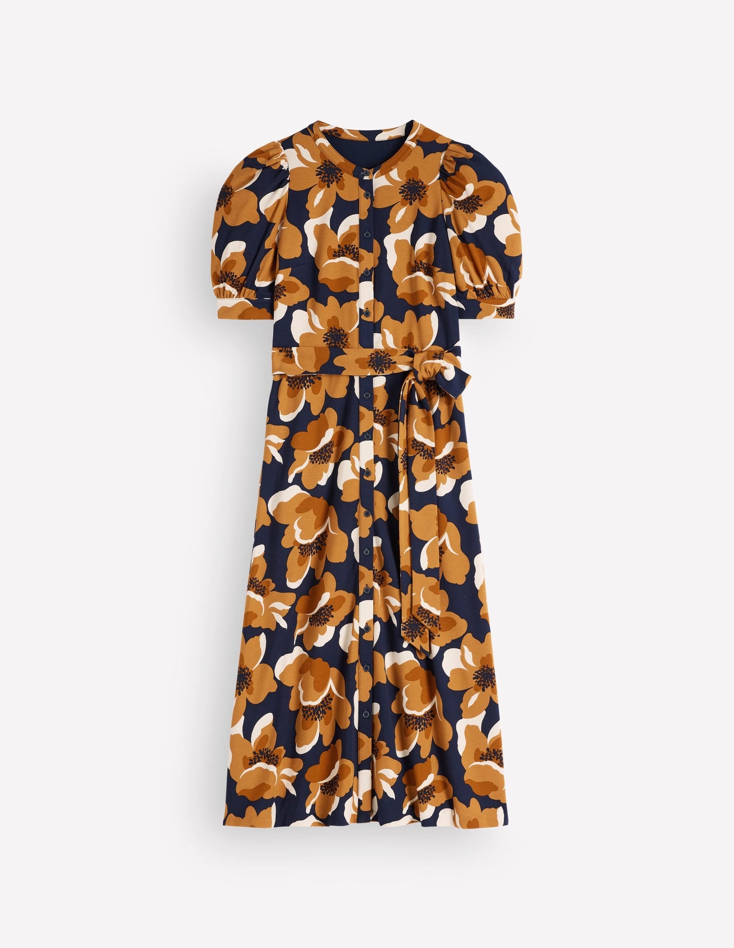 Puff Sleeve Ponte Shirt Dress-French Navy, Flowering Garden