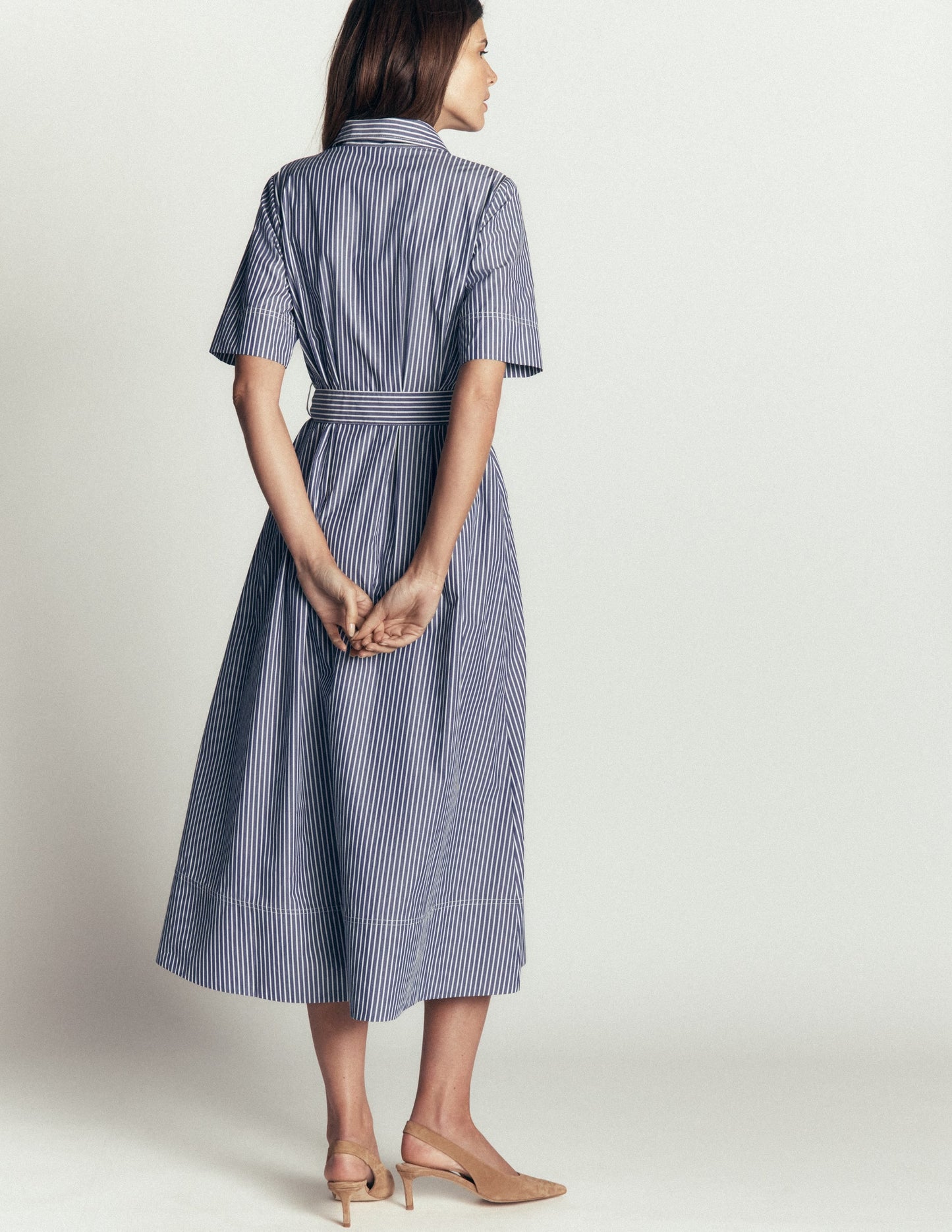 Sarah Cotton Midi Shirt Dress-Navy Ivory Fine Stripe