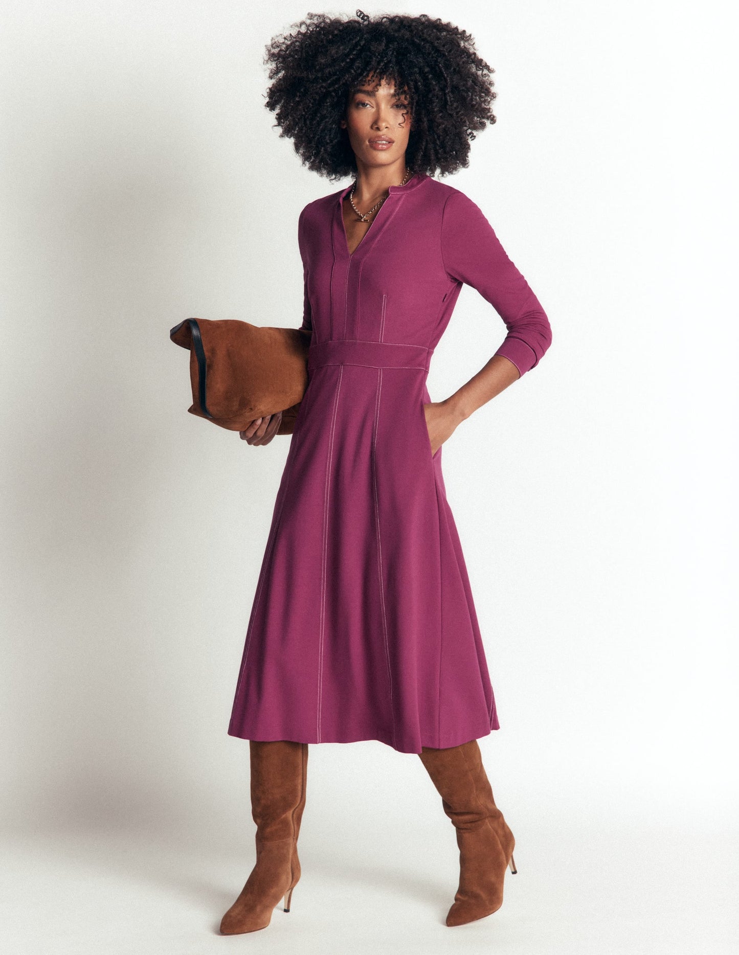 Alex Ponte Contrast Midi Dress-Raspberry Coulis