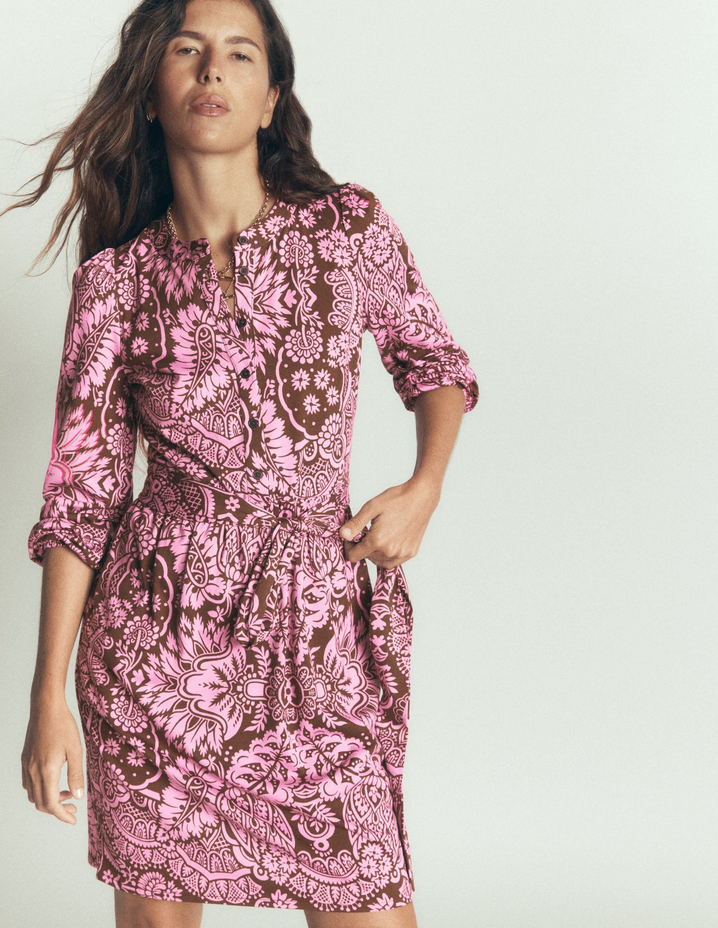 Adele Belted Jersey Dress-Raw Umber, Arabesque Meadows
