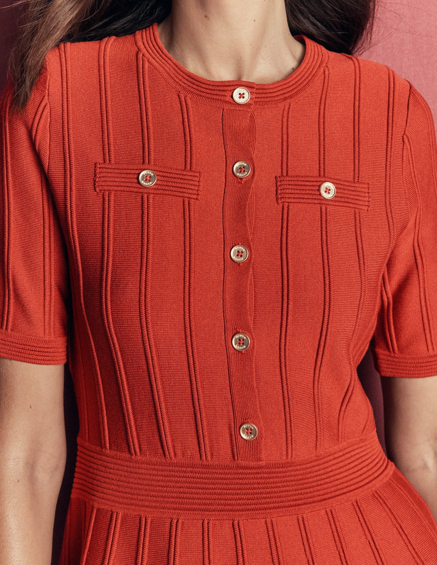 Button Front Stitch Dress-Burnt Orange