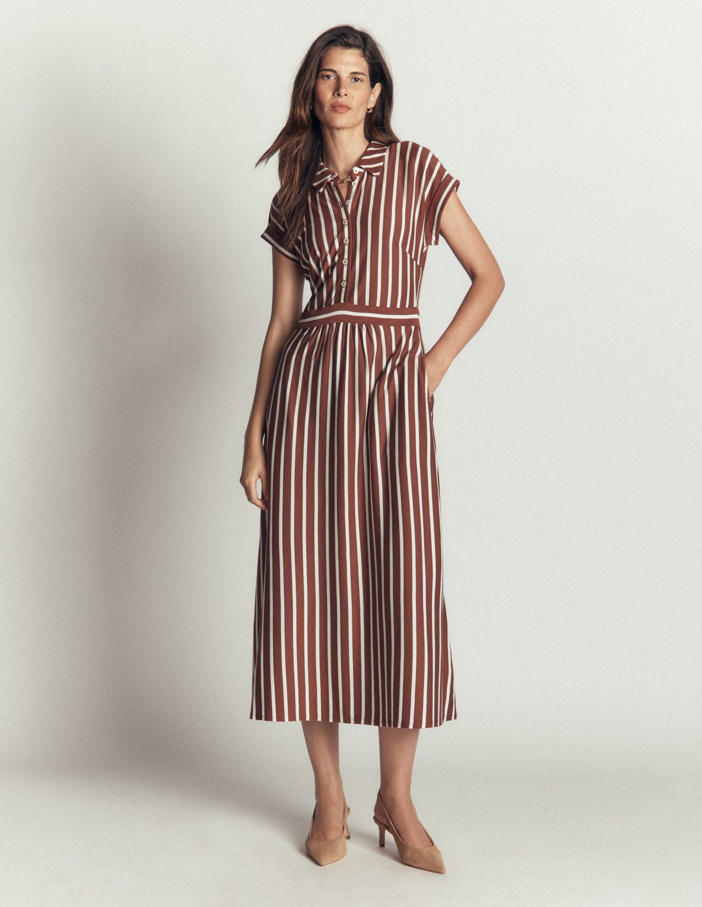 Fae Jersey Shirt Dress-Brown Stripe