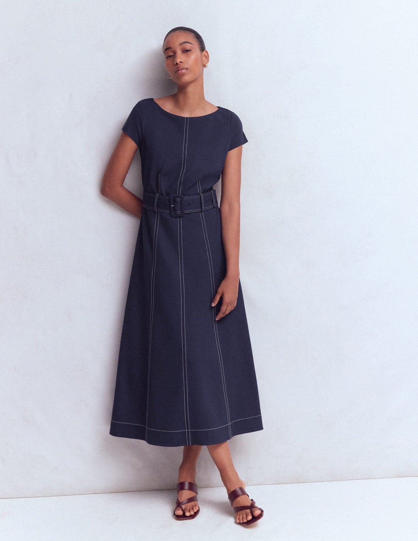 Topstitch Ponte Midi Dress-Navy