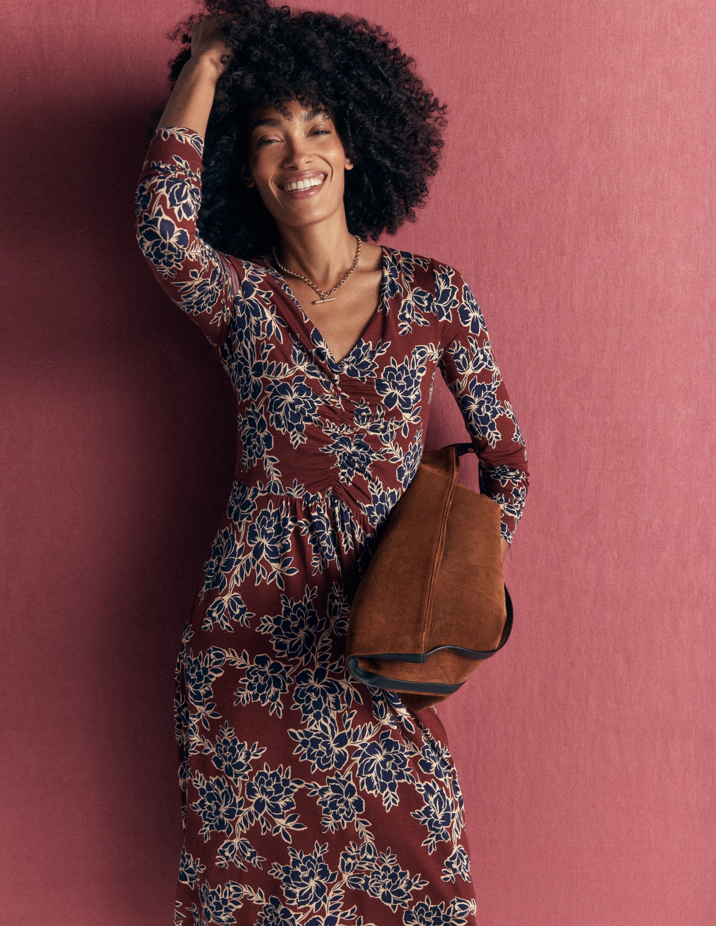 Jasmine Ruched Jersey Dress-Roasted Brown, Enchanted Peony
