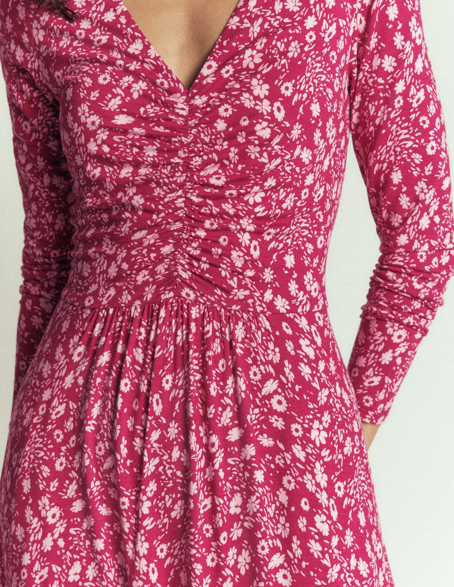 Jasmine Ruched Jersey Dress-Sweet Cherry, Scattered Flora