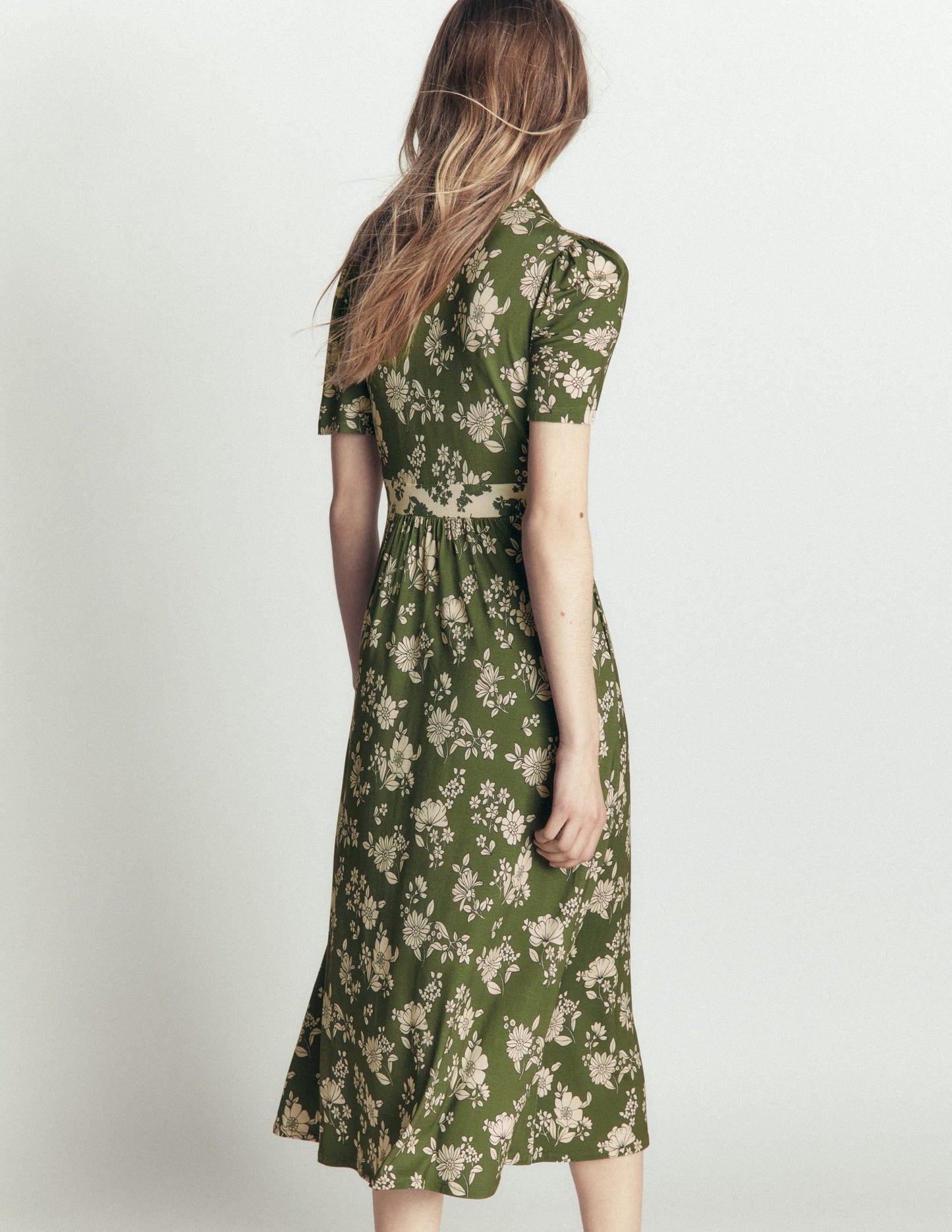 Heidi Jersey Midi Tea Dress-Olive, Floral Field Spaced