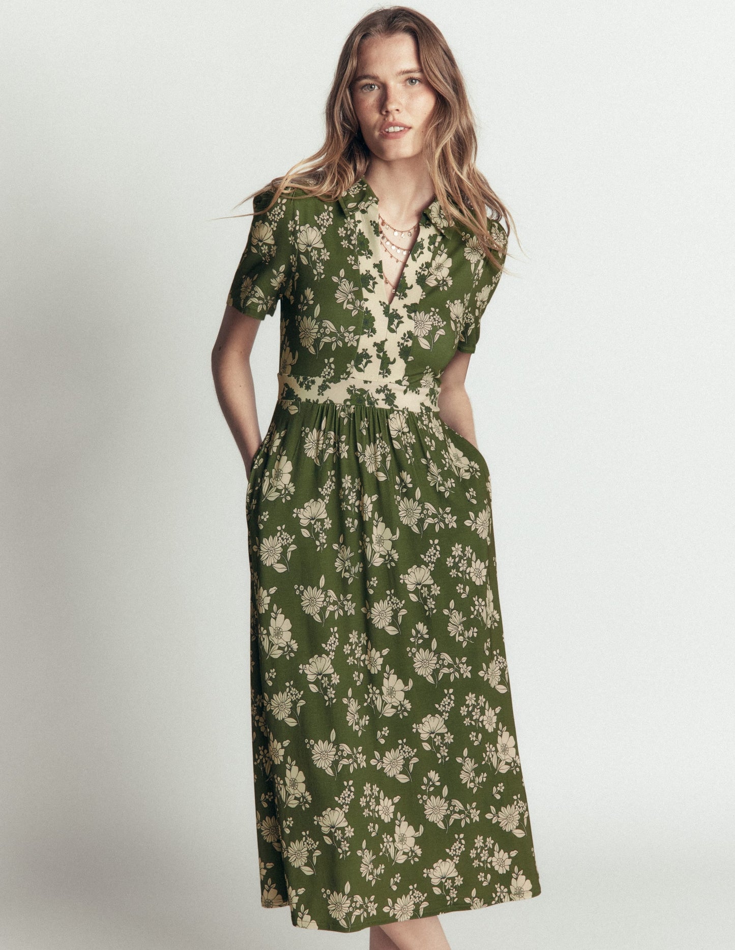 Heidi Jersey Midi Tea Dress-Olive, Floral Field Spaced
