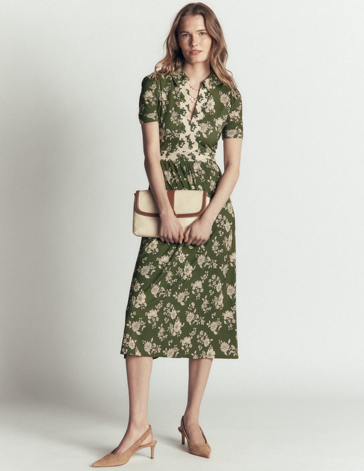 Heidi Jersey Midi Tea Dress-Olive, Floral Field Spaced