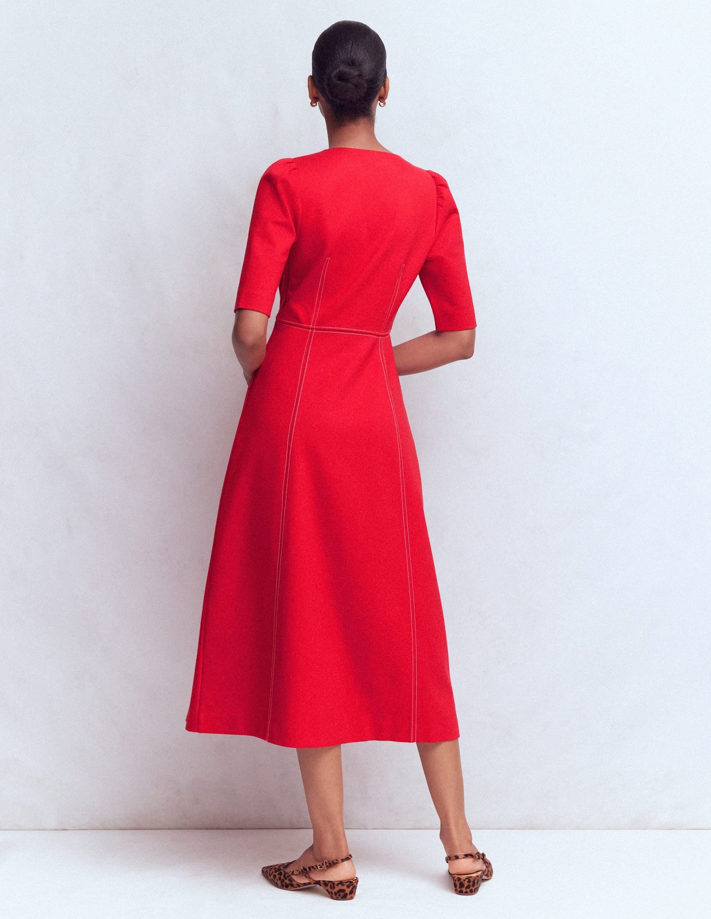 Puff Sleeve Ponte Midi Dress-Merida Red