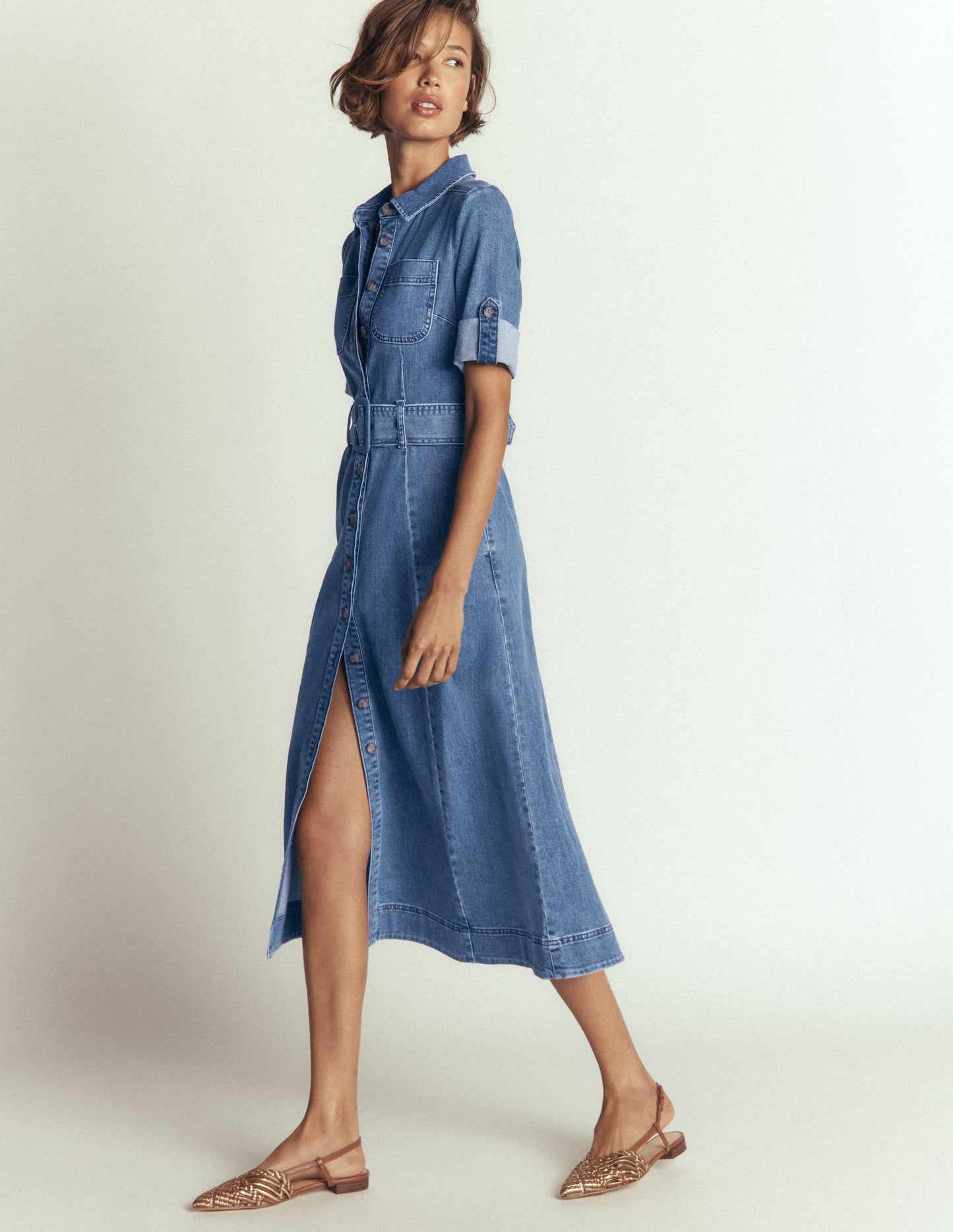 Denim Midi Shirt Dress-Light Vintage