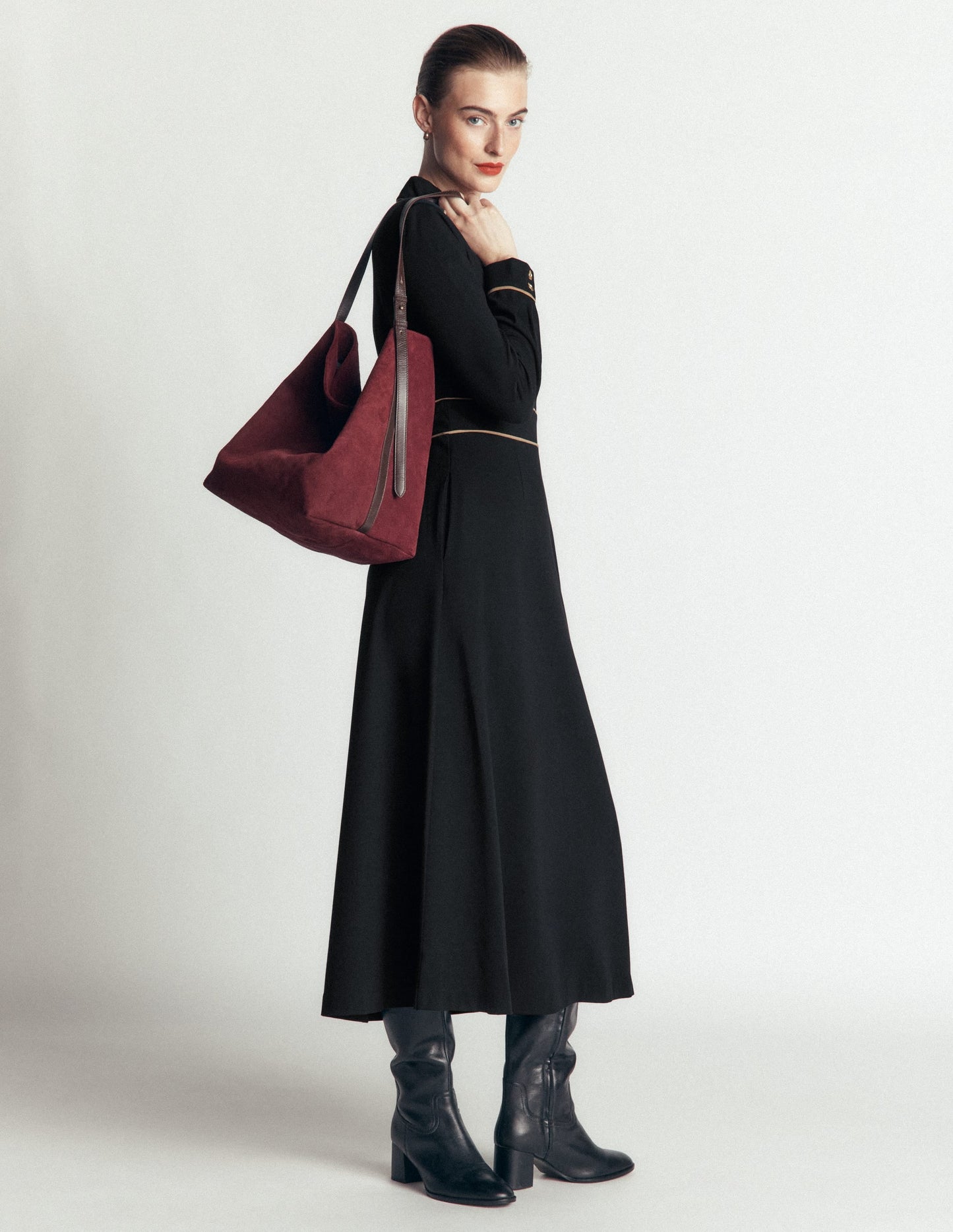 Etta Piping Detail Ponte Dress-Black, Camel