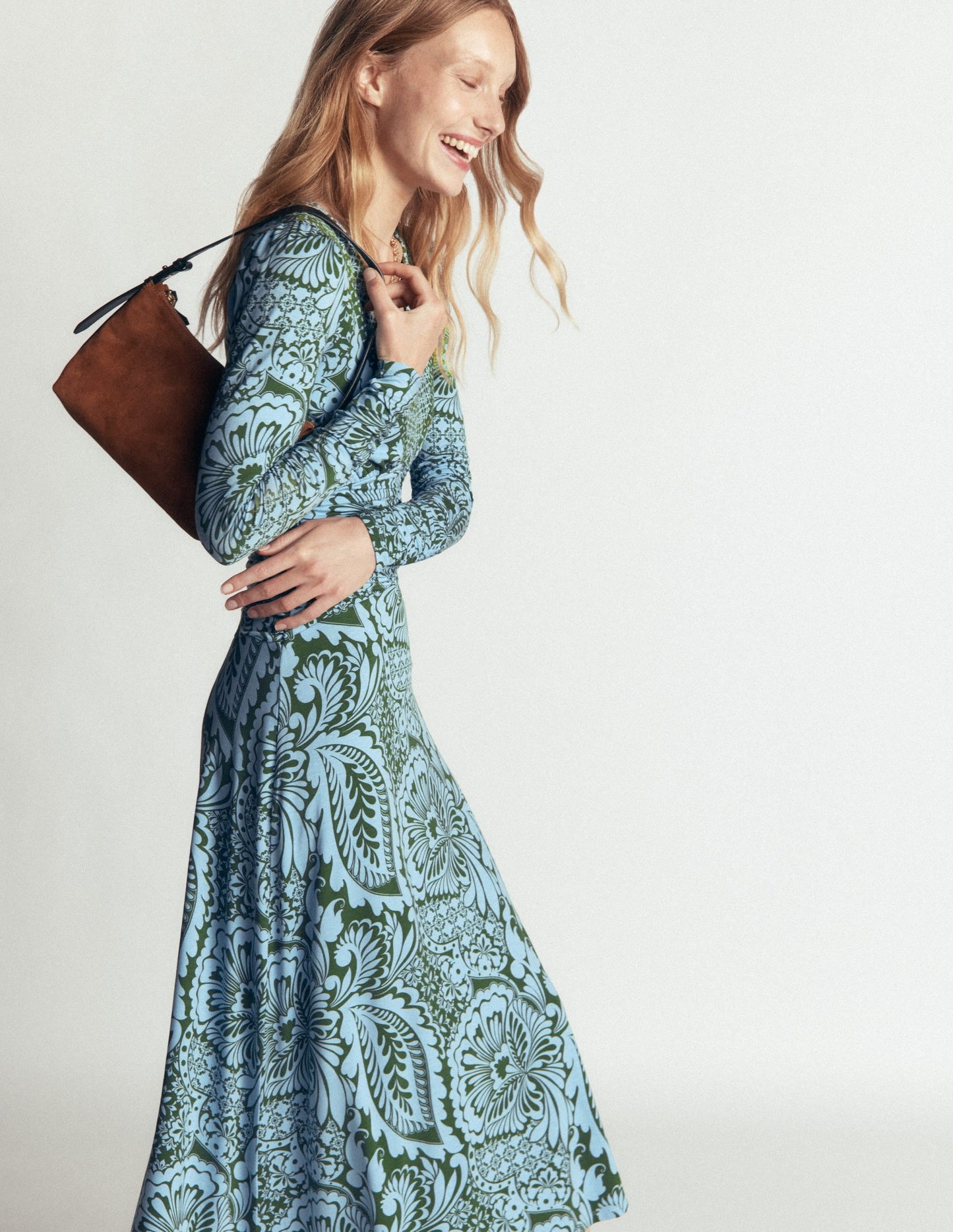 Mya Ruched Jersey Midi Dress-Forest Green, Botanical Medley