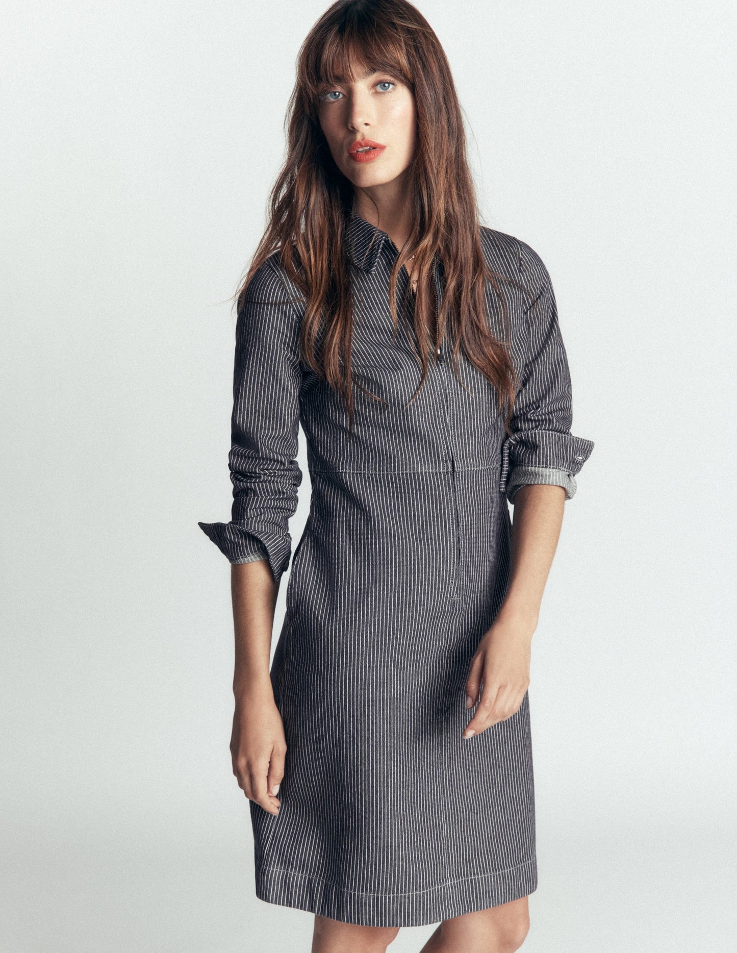 Bronte Denim Short Dress-Fine Denim Ticking Stripe