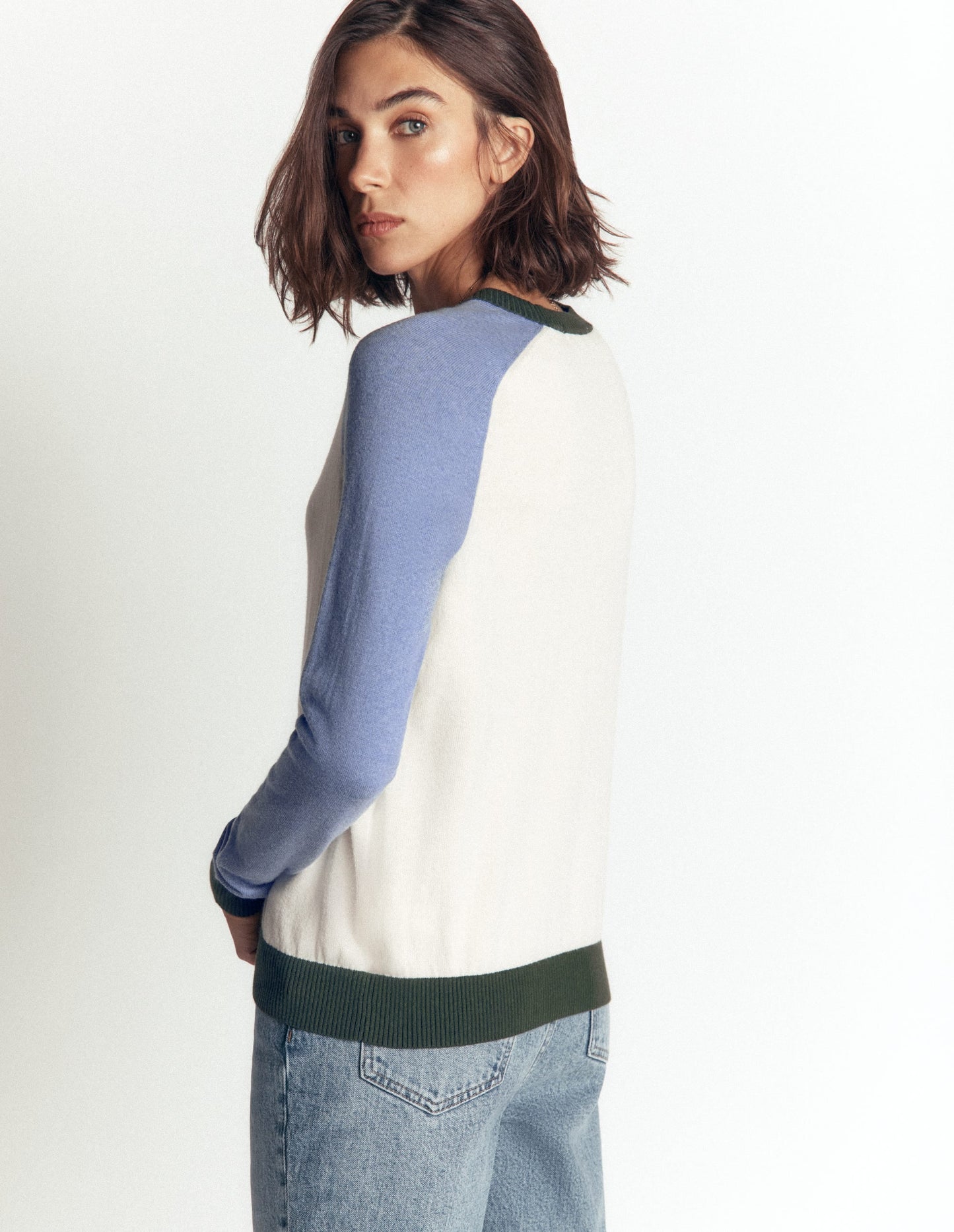 Meg Raglan Sleeve Jumper-Ivory, Blue and Green