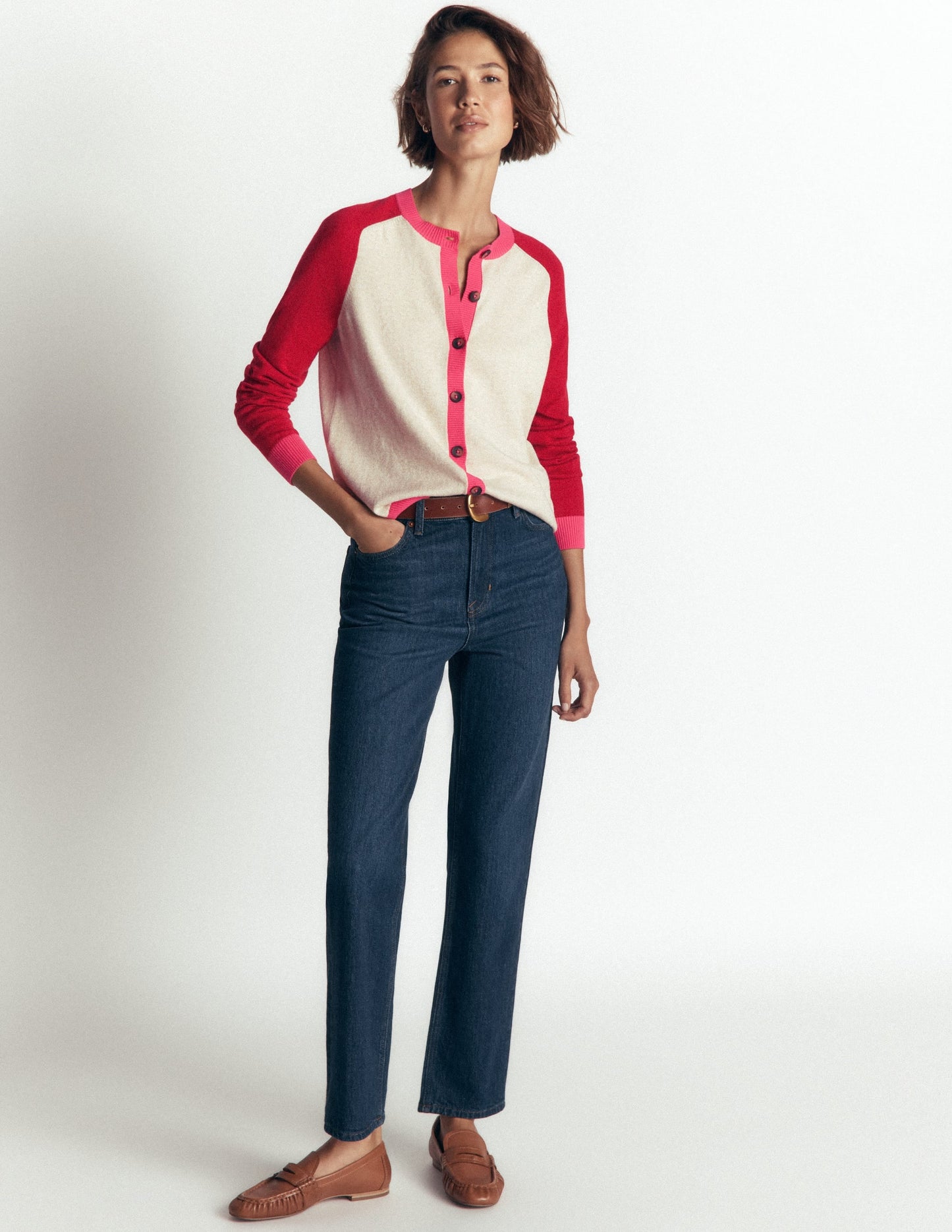 Meg Raglan Sleeve Cardigan-Pink, Ivory colour block