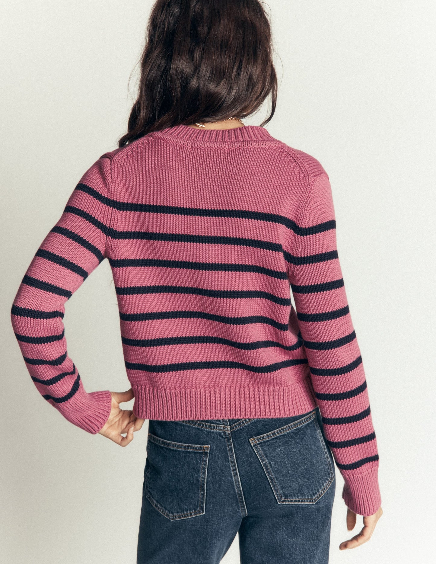 Lucy Chunky Cotton Cardigan-Pink Heather, Navy Stripe