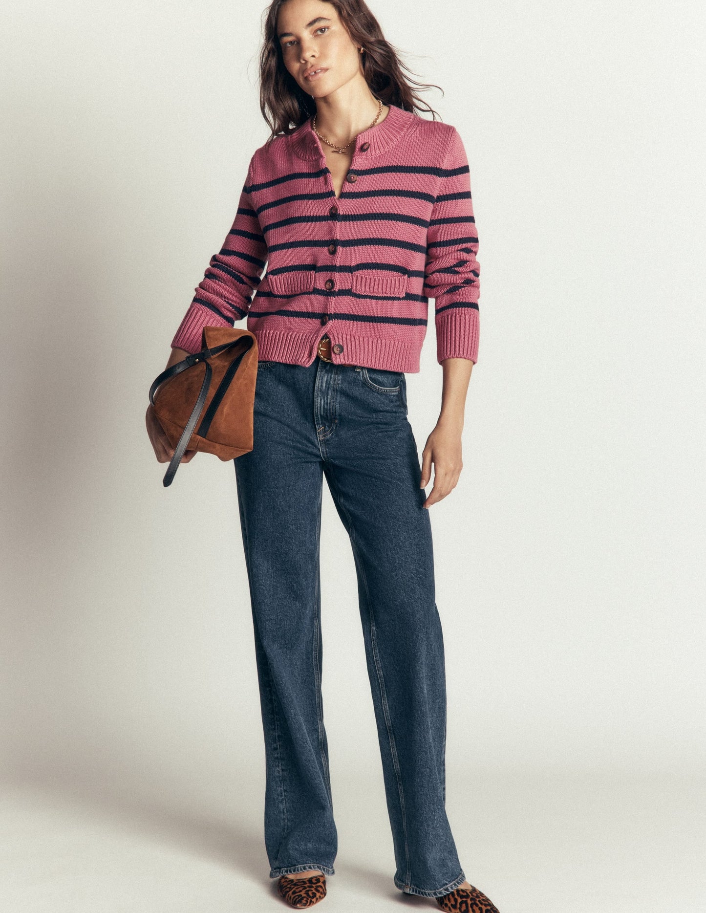 Lucy Chunky Cotton Cardigan-Pink Heather, Navy Stripe