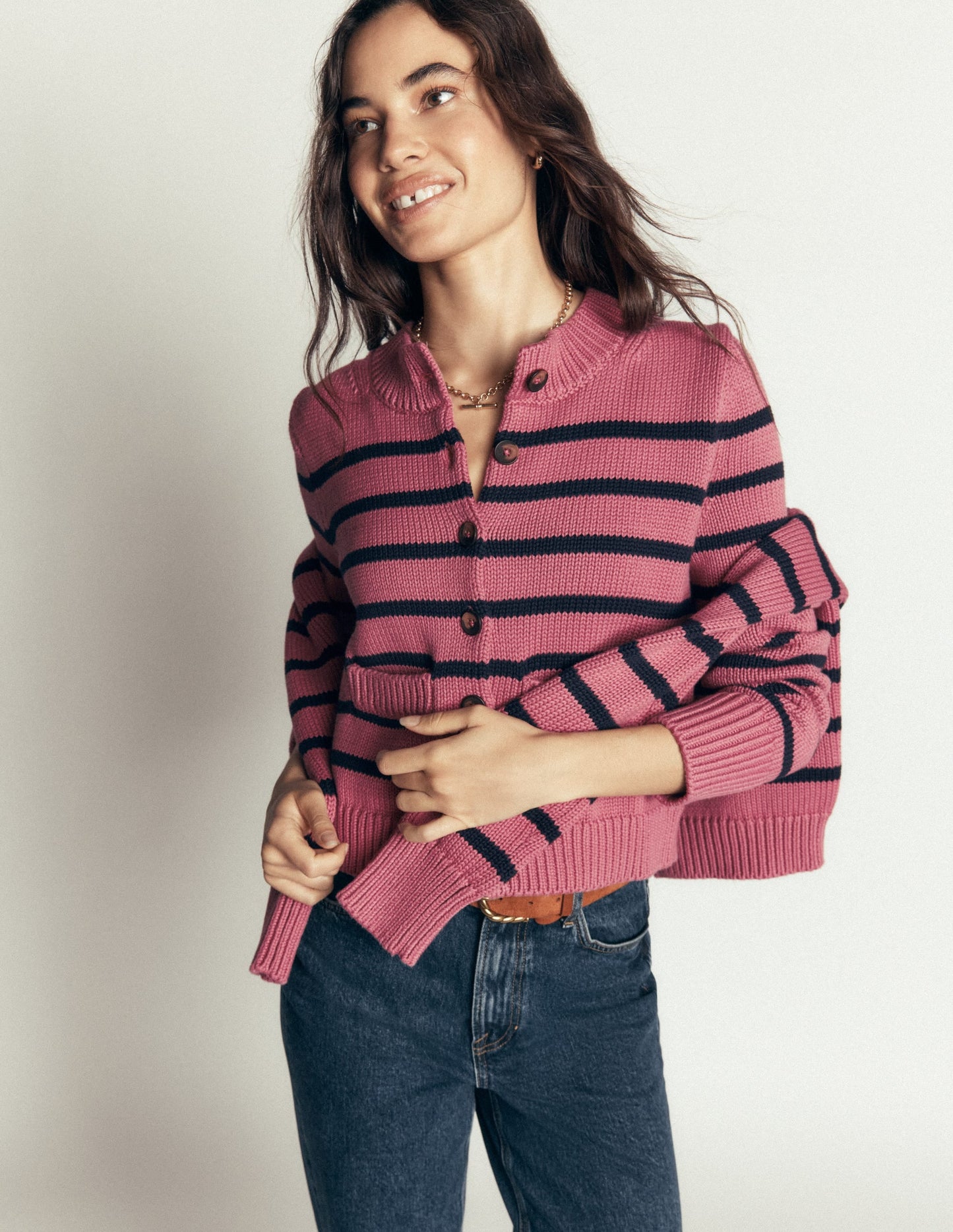 Lucy Chunky Cotton Cardigan-Pink Heather, Navy Stripe