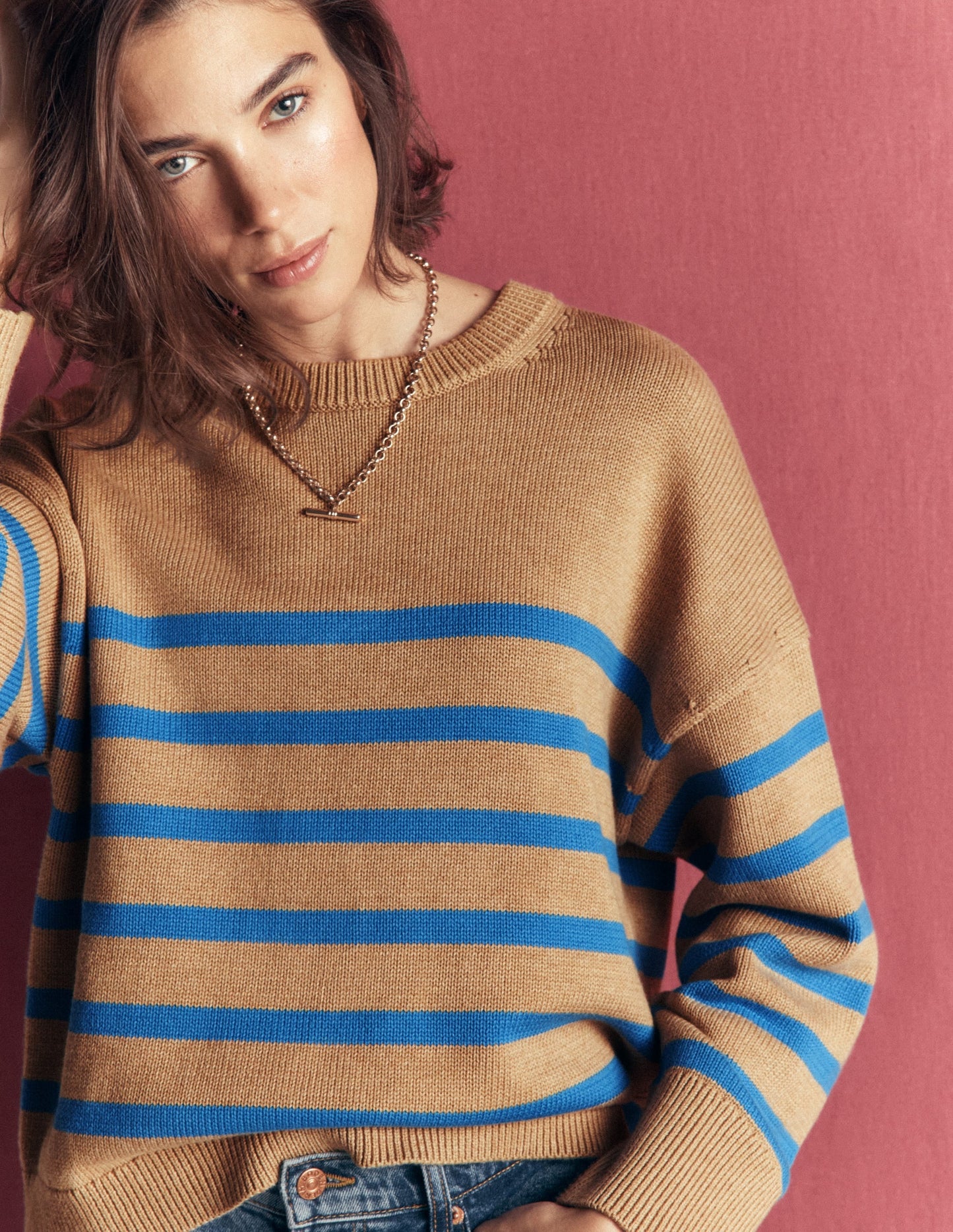 Lucy Relaxed Cotton Jumper-Camel, Blue Stripe