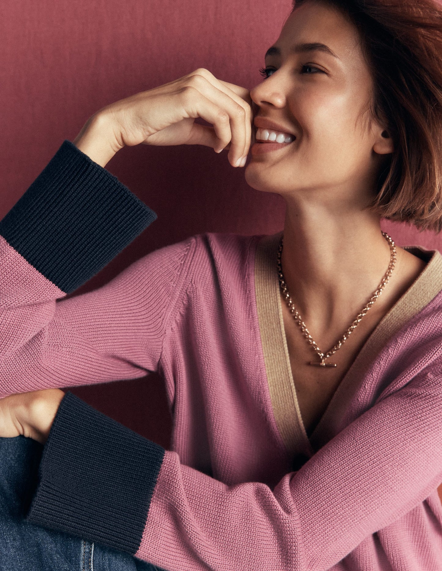 Lucy Relaxed Cotton Cardigan-Pink Heather Colour Block