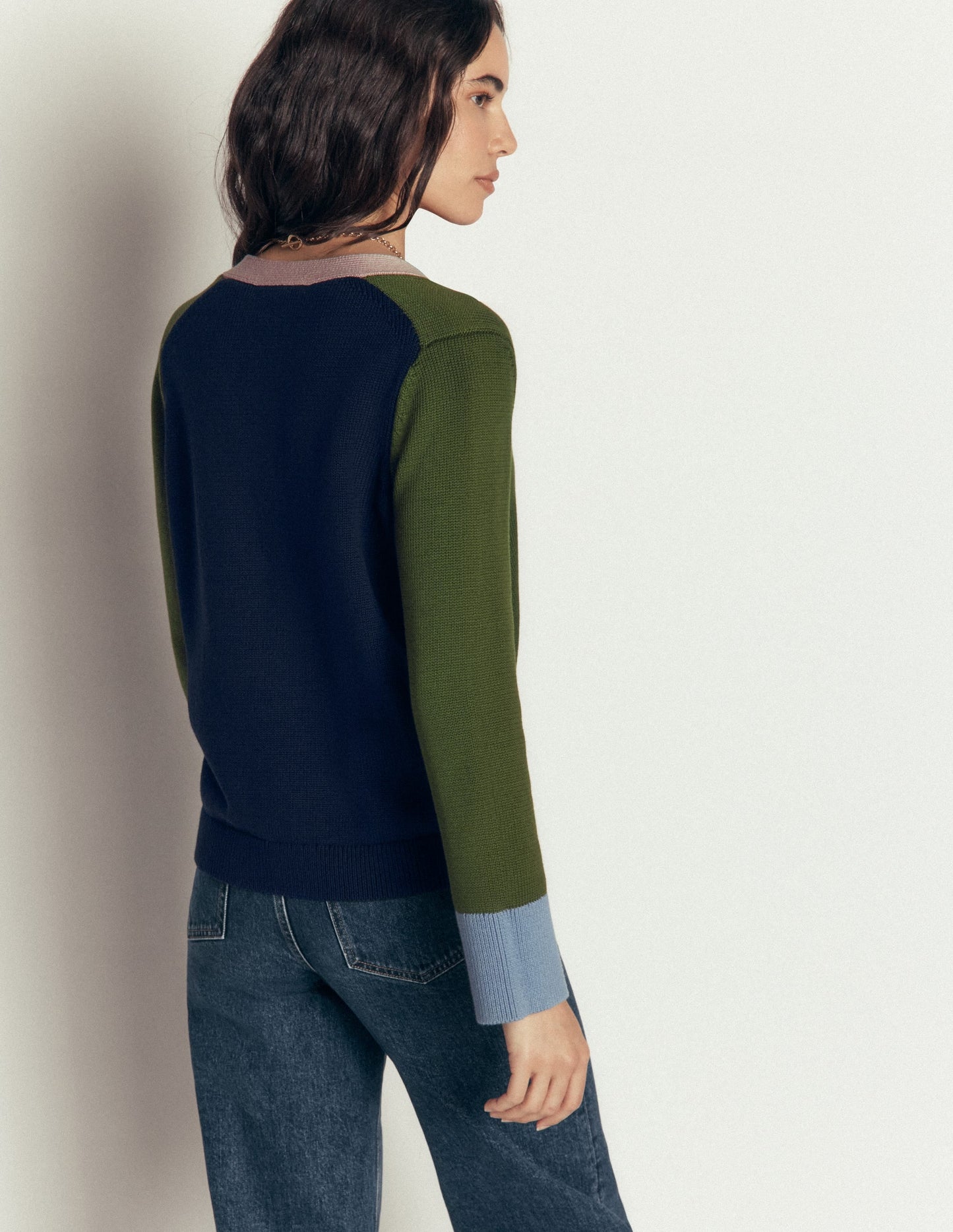 Lucy Relaxed Cotton Cardigan-Forest Green Colour Block